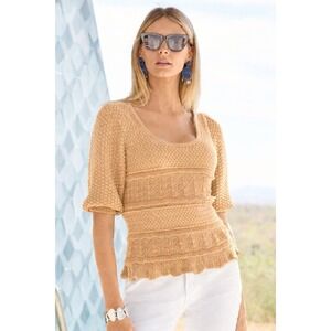 Boston Proper Tan Tiered Ruffle Crochet Pointelle Knit Puff Sleeve Sweater XL